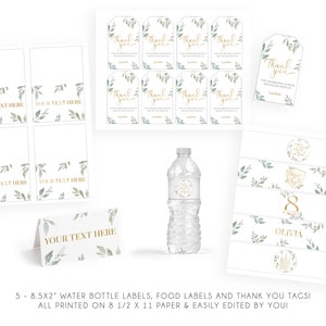 Puede incluir: Decoraciones de fiesta imprimibles con un tema de vegetaci&oacute;n acuarela. Incluye 5 etiquetas para botellas de agua, etiquetas para alimentos y etiquetas de agradecimiento. Todo est&aacute; impreso en papel de 21,6 x 27,9 cm y se puede editar f&aacute;cilmente.