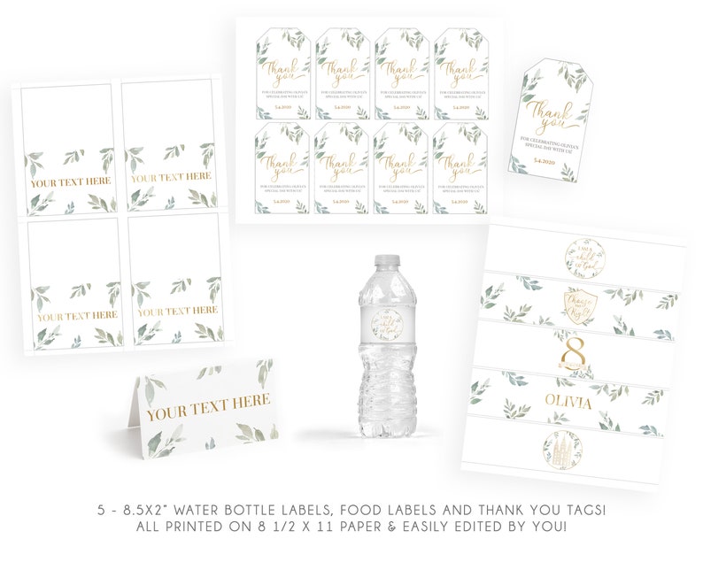 Puede incluir: Decoraciones de fiesta imprimibles con un tema de vegetaci&oacute;n acuarela. Incluye 5 etiquetas para botellas de agua, etiquetas para alimentos y etiquetas de agradecimiento. Todo est&aacute; impreso en papel de 21,6 x 27,9 cm y se puede editar f&aacute;cilmente.