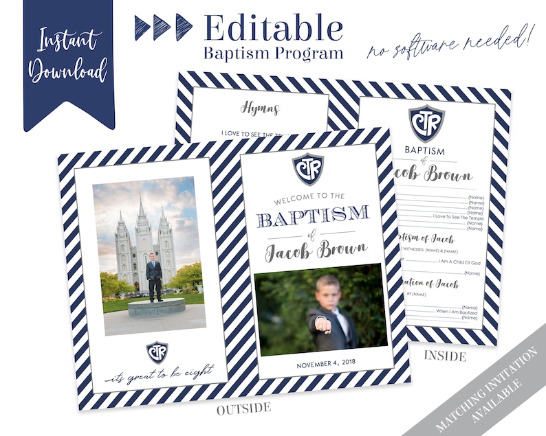 May include: Editable baptism program template with blue and white stripes. The program includes a photo of the baptism candidate, the date of the baptism, and the name of the baptism candidate. The program also includes a section for hymns, a section for the baptism ceremony, and a section for the dedication of the baptism candidate.