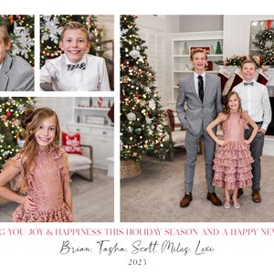 May include: A Christmas card featuring a family of five, with a festive holiday theme. The card includes a message wishing joy and happiness for the holiday season and a happy new year. The names Brian, Tasha, Scott, Miles, and Lexi are written in cursive at the bottom of the card.