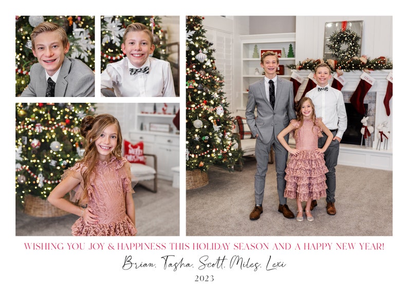 May include: A Christmas card featuring a family of five, with a festive holiday theme. The card includes a message wishing joy and happiness for the holiday season and a happy new year. The names Brian, Tasha, Scott, Miles, and Lexi are written in cursive at the bottom of the card.