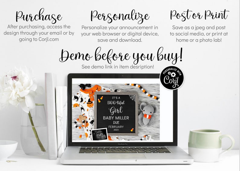 Puede incluir: Una pantalla de computadora port&aacute;til que muestra un dise&ntilde;o de anuncio de beb&eacute; con tem&aacute;tica de Halloween. El dise&ntilde;o presenta un tablero de letras en blanco y negro con el texto "It's a BOO-tiful Girl Baby Miller Due February 2023". Hay un elefante gris de crochet con una corbata de lazo naranja, un mameluco de beb&eacute; con un estampado de gato negro y fantasma, y una cuerda de cuentas naranja, blanca y negra.