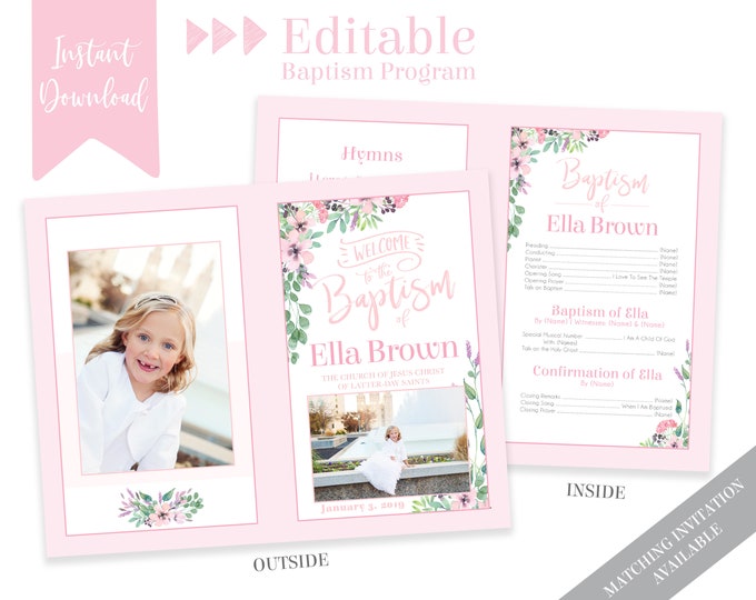 Baptism Program Girl, LDS Baptism Program, Editable PDF & Photoshop , Floral Program Instant Download , Photo, Girl Baptism Program Template