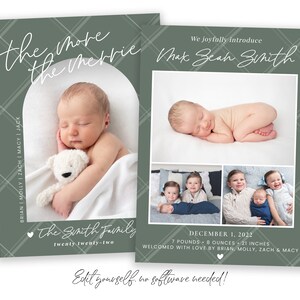 May include: A green and white plaid announcement card with a photo of a newborn baby boy. The card reads "We joyfully introduce Max Bean Smith" and "December 1, 2022, 7 pounds, 8 ounces, 21 inches. Welcomed with love by Brian, Molly, Zach & Macy".