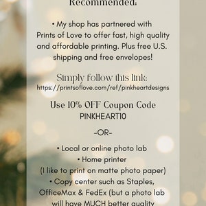 May include: A text-based graphic with a white background and a blurred image of a Christmas tree in the background. The text reads "Where to Print" and "Recommended:" followed by a list of printing options. The text also includes a website address: www.PinkHeartDesignShop.com