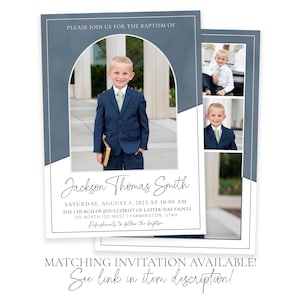 May include: A blue and white baptism invitation with a photo of a young boy in a suit. The invitation includes the text "Please join us for the baptism of Jackson Thomas Smith" and the date and time of the event.