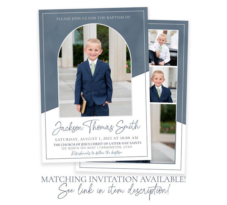 May include: A blue and white baptism invitation with a photo of a young boy in a suit. The invitation includes the text "Please join us for the baptism of Jackson Thomas Smith" and the date and time of the event.