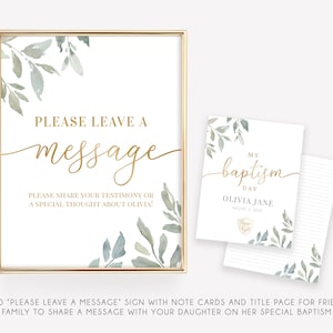 Puede incluir: Un cartel imprimible de 20,3 x 25,4 cm con un dise&ntilde;o de acuarela dorado y verde. El cartel dice "Por favor, deje un mensaje" e incluye espacio para que los invitados escriban un mensaje. El cartel es perfecto para un bautizo o una ceremonia de bautizo.