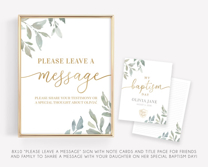 Puede incluir: Un cartel imprimible de 20,3 x 25,4 cm con un dise&ntilde;o de acuarela dorado y verde. El cartel dice "Por favor, deje un mensaje" e incluye espacio para que los invitados escriban un mensaje. El cartel es perfecto para un bautizo o una ceremonia de bautizo.