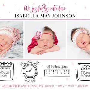 May include: A pink and white baby announcement card with three photos of a newborn baby girl. The card includes the baby's name, birth date, time, weight, and length. The card is decorated with pink stars and hearts.