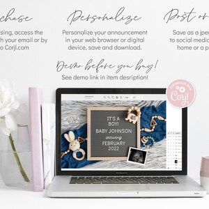 May include: A laptop screen displaying a digital baby announcement template with a chalkboard sign that reads "It's a Boy! Baby Johnson arriving February 2022". The template is customizable with Corjl.com.