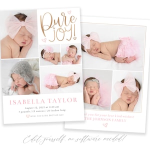 Modèle d'annonce de naissance de bébé fille | Annonce nouveau-né Pure Joy | Faire-part de naissance fille | Faire-part de naissance photo | Corjl
