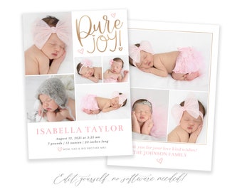 Baby Birth Announcement Template Girl | Pure Joy Newborn Announcement | Girl Birth Announcement | Photo Birth Announcement  | Corjl