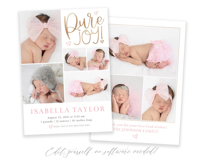 Baby Birth Announcement Template Girl | Pure Joy Newborn Announcement | Girl Birth Announcement | Photo Birth Announcement  | Corjl