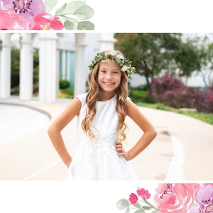 May include: A young girl wearing a white dress and a flower crown smiles for the camera. She is standing in front of a white building with columns.