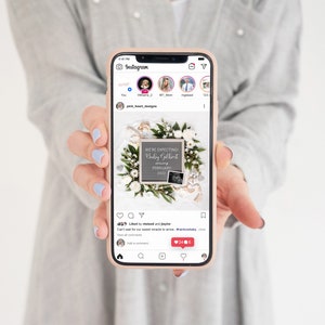 May include: A smartphone screen shows an Instagram post announcing a baby's arrival. The post includes a floral wreath and a letterboard saying "WE'RE EXPECTING! Baby Gilbert arriving FEBRUARY 2022." A sonogram image is also present.