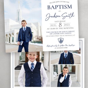 May include: A baptism invitation with a photo collage of a young boy in a suit. The invitation includes the boy's name, Jackson Smith, the date of the baptism, August 8, 2023, and the location of the ceremony, The Church of Jesus Christ of Latter-day Saints, 125 N Park Street 100 W | Kaysville, UT. The invitation also includes the text "Refreshments to follow the baptism at Jackson's home."