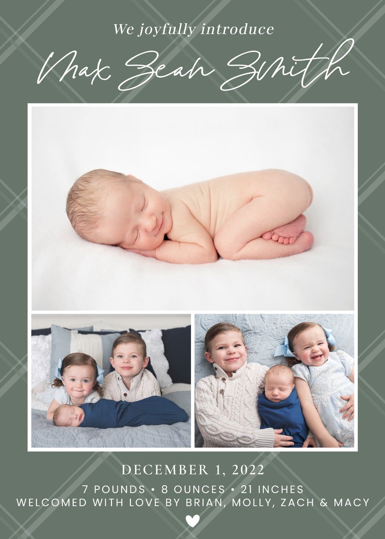 May include: A newborn baby boy named Max Sean Smith, sleeping on a white blanket. He was born on December 1, 2022, and weighed 7 pounds, 8 ounces, and was 21 inches long. He is surrounded by his siblings and parents, who are welcoming him with love.