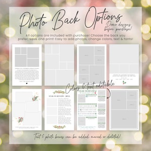 May include: Four different photo back options for a printable holiday card. The options include a collage of photo boxes, a year in review template, and two options with a single photo box. The text is editable and the colors are customizable. The text includes "Wishing you a wonderful holiday season" and "Year in Review".