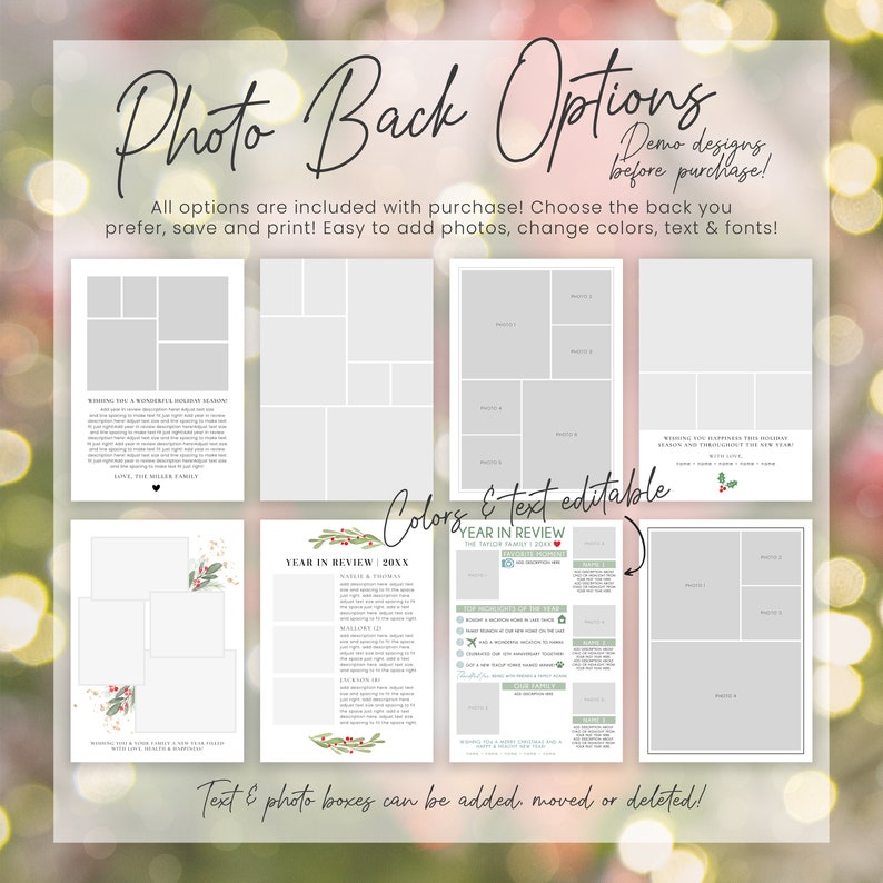 May include: Four different photo back options for a printable holiday card. The options include a collage of photo boxes, a year in review template, and two options with a single photo box. The text is editable and the colors are customizable. The text includes "Wishing you a wonderful holiday season" and "Year in Review".