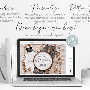 May include: A laptop screen displaying a digital design template for a baby announcement. The design features a wreath of natural elements, a baby onesie, a wooden sign that says "Our Next Great Adventure Begins March 2024", and a baby's ultrasound image. The text "Demo before you buy!" is displayed above the laptop screen.
