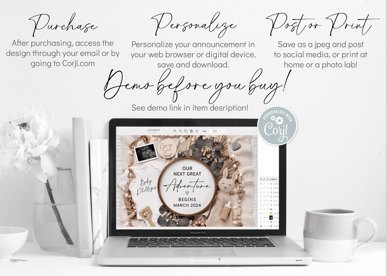 May include: A laptop screen displaying a digital design template for a baby announcement. The design features a wreath of natural elements, a baby onesie, a wooden sign that says "Our Next Great Adventure Begins March 2024", and a baby's ultrasound image. The text "Demo before you buy!" is displayed above the laptop screen.