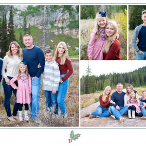 May include: A family of seven poses for a portrait in a variety of outdoor settings. The family is dressed in casual clothing, including jeans, sweaters, and shirts. The background includes a rocky cliff, a forest, and a dirt road.