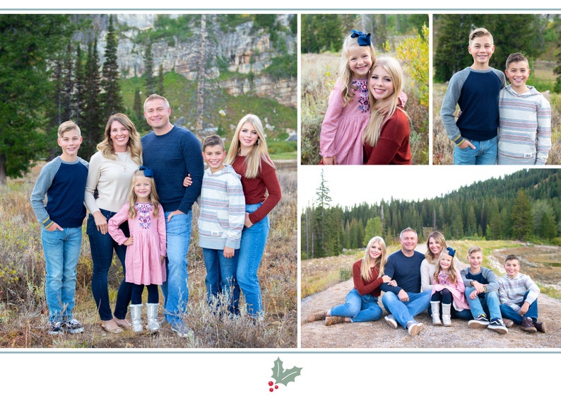 May include: A family of seven poses for a portrait in a variety of outdoor settings. The family is dressed in casual clothing, including jeans, sweaters, and shirts. The background includes a rocky cliff, a forest, and a dirt road.