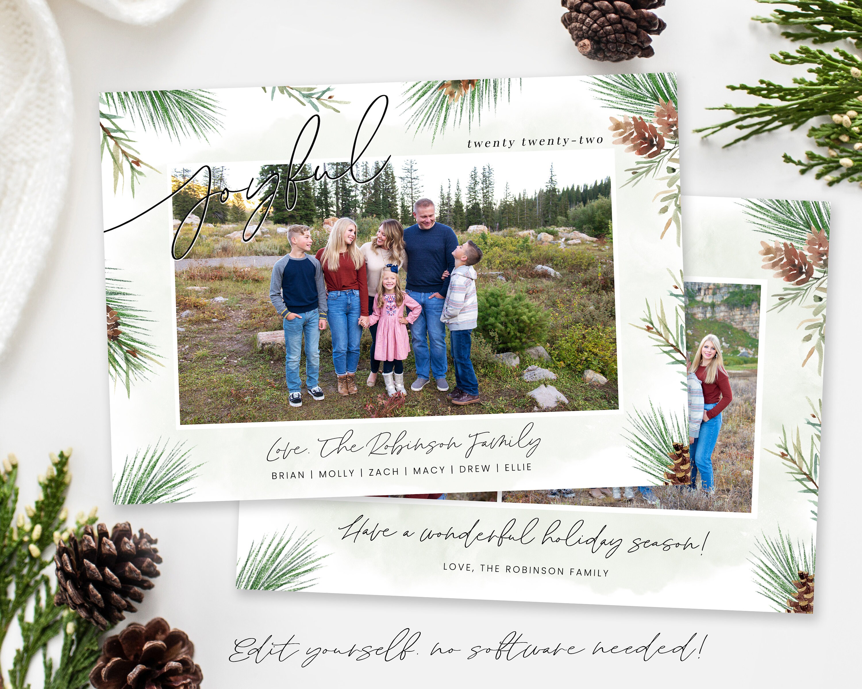Christmas Card Template | Christmas Cards Template | 2022 Pine Branches Holiday  Card Template | Christmas Card | Corjl