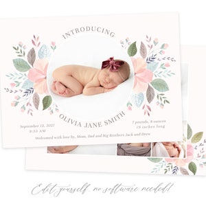 Customizable Birth Announcement Card Template for Baby Girls Baby Girl Announcement Card Instant Download image 3