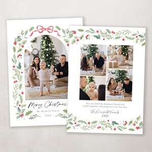 May include: A Christmas card featuring a family of three with a Christmas tree in the background. The card has a green and red holly border and the text "Merry Christmas" and "The Masfield Family 20XX".