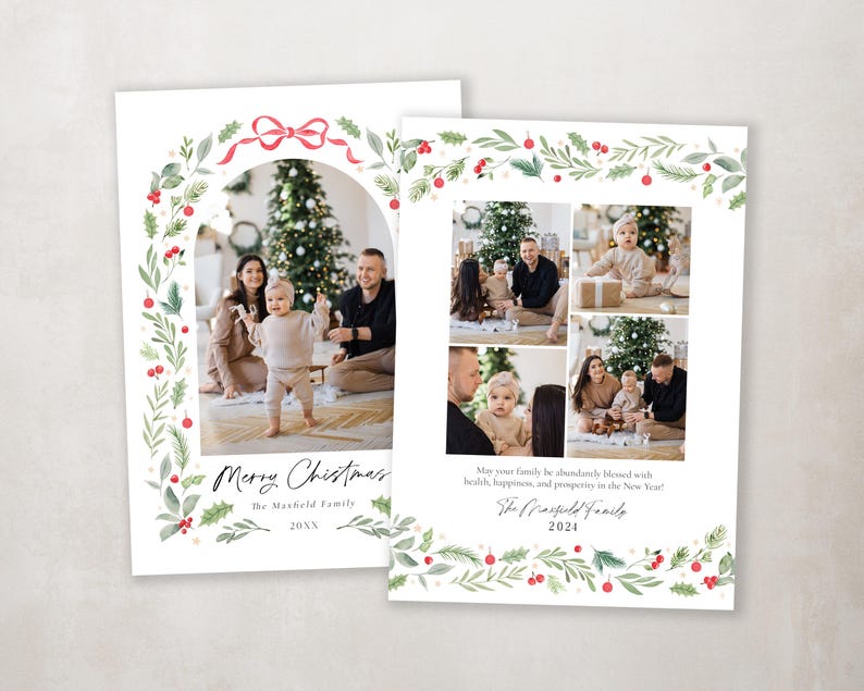 May include: A Christmas card featuring a family of three with a Christmas tree in the background. The card has a green and red holly border and the text "Merry Christmas" and "The Masfield Family 20XX".