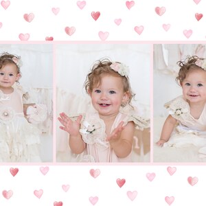 May include: A collage of three photos of a baby girl wearing a white dress with lace and a pink headband. The baby is smiling and looking at the camera in each photo.