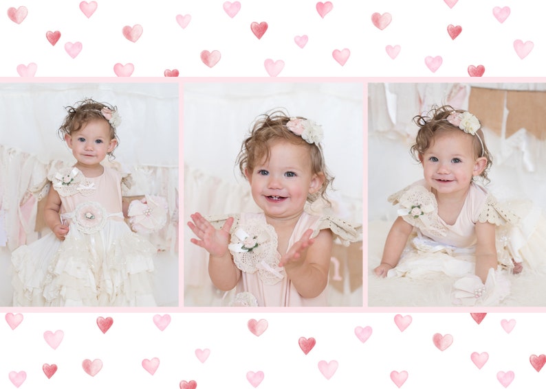 May include: A collage of three photos of a baby girl wearing a white dress with lace and a pink headband. The baby is smiling and looking at the camera in each photo.