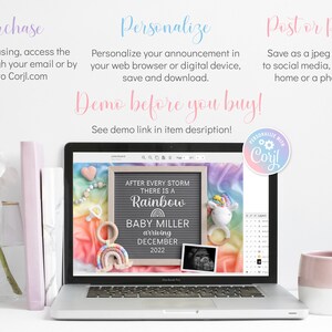 May include: A laptop screen displaying a digital design template for a baby announcement. The design features a rainbow, a unicorn, a letter board with the text "After every storm there is a rainbow", and a sonogram image. The text "Baby Miller arriving December 2022" is on the letter board. The design is on a colourful background.