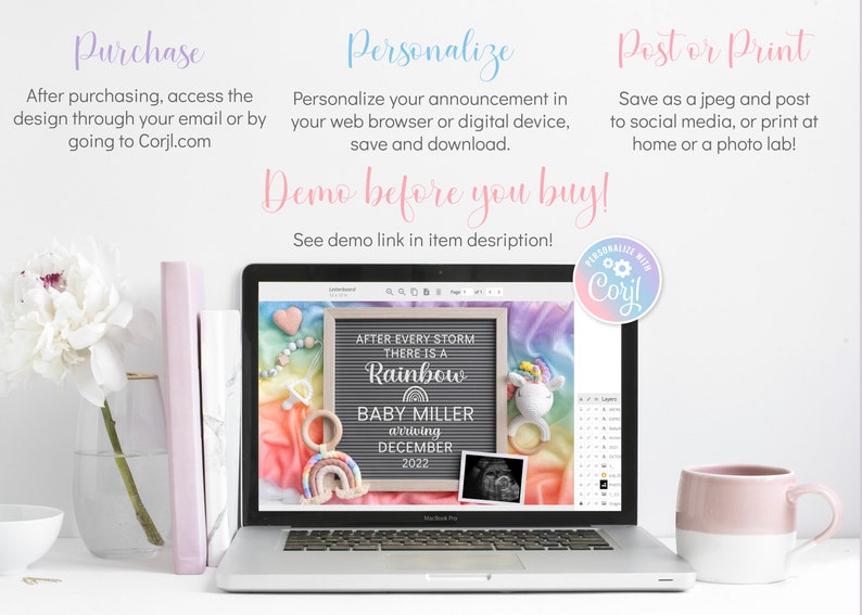 May include: A laptop screen displaying a digital design template for a baby announcement. The design features a rainbow, a unicorn, a letter board with the text "After every storm there is a rainbow", and a sonogram image. The text "Baby Miller arriving December 2022" is on the letter board. The design is on a colourful background.