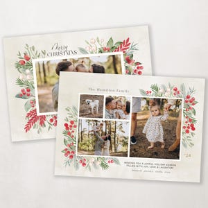 Pode incluir: Um cart&atilde;o de Natal com uma borda de aquarela de bagas vermelhas e folhas verdes. O cart&atilde;o apresenta uma colagem de fotos de uma fam&iacute;lia com seu cachorro. O texto "Feliz Natal" e "A fam&iacute;lia Hamilton" est&atilde;o impressos no cart&atilde;o.