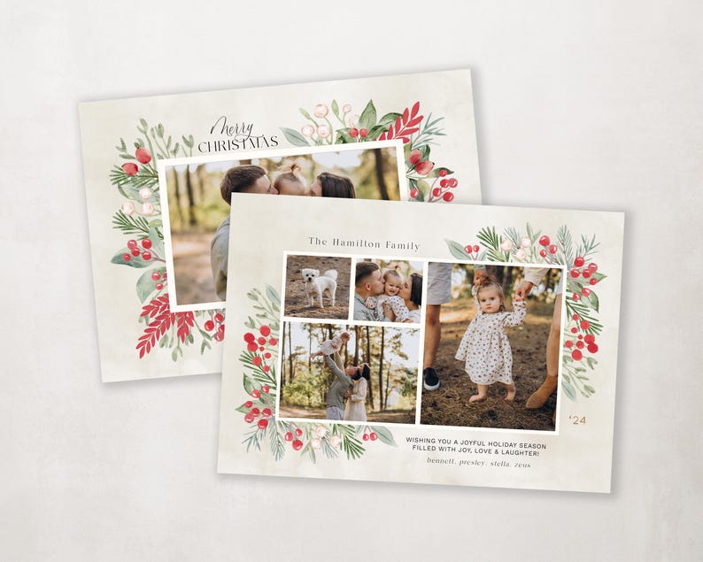 Pode incluir: Um cart&atilde;o de Natal com uma borda de aquarela de bagas vermelhas e folhas verdes. O cart&atilde;o apresenta uma colagem de fotos de uma fam&iacute;lia com seu cachorro. O texto "Feliz Natal" e "A fam&iacute;lia Hamilton" est&atilde;o impressos no cart&atilde;o.