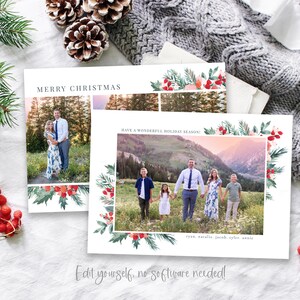 May include: A Christmas card with a watercolor border of greenery and red berries. The card features a family photo of five people standing in a snowy mountain landscape. The text "Merry Christmas" and "Have a Wonderful Holiday Season!" is printed on the card. The names "Ryan, Natalie, Jacob, Tyler, Annie" are printed at the bottom of the card. The text "Edit yourself, no software needed!" is printed below the card.