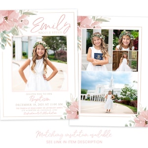 May include: A pink and green floral baptism invitation with a photo of a young girl in a white dress. The invitation includes the girl's name, Emily Nicole Steed, and the date and time of her baptism. The invitation also includes a photo of a church and a photo of the girl in a white dress standing in front of the church.