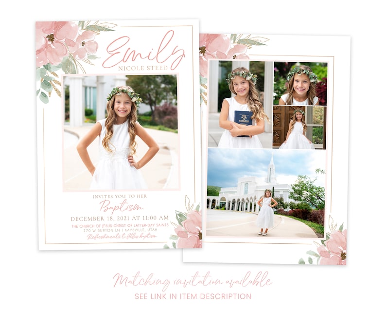 May include: A pink and green floral baptism invitation with a photo of a young girl in a white dress. The invitation includes the girl's name, Emily Nicole Steed, and the date and time of her baptism. The invitation also includes a photo of a church and a photo of the girl in a white dress standing in front of the church.