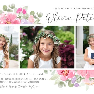 May include: Invitation to a baptism ceremony for Olivia Peterson, featuring a watercolor floral design and photos of the young girl in a white dress. The event will be held at The Church of Jesus Christ of Latter-day Saints on August 1, 2024 at 10:00 AM. Refreshments will be served after the ceremony.