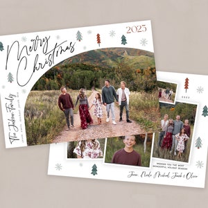 May include: A Christmas card featuring a family portrait with the text "The Jackson Family" and "Merry Christmas 2025". The card has a white background with green and red Christmas trees and snowflakes.