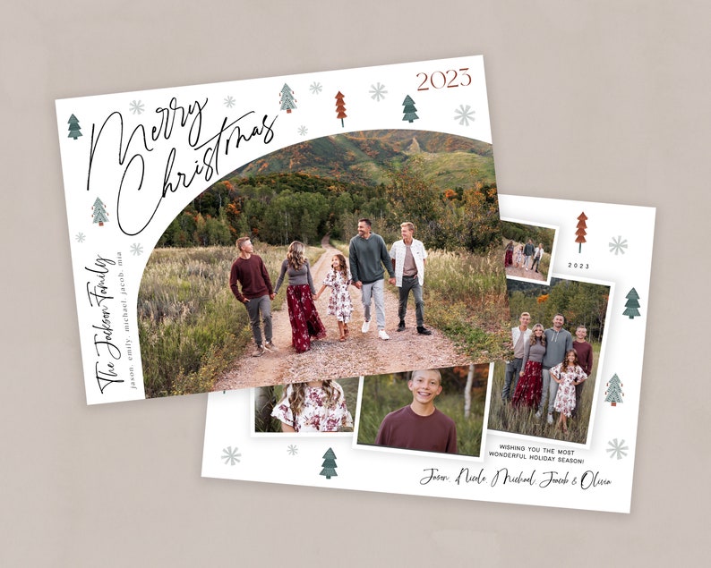 May include: A Christmas card featuring a family portrait with the text "The Jackson Family" and "Merry Christmas 2025". The card has a white background with green and red Christmas trees and snowflakes.