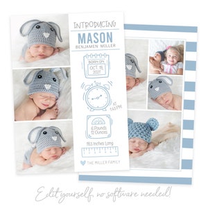 Biglietto di annuncio di nascita - Baby Boy - Modello di annuncio neonato - Annuncio statistiche ragazzo - Annuncio di nascita fotografico - Biglietto fai da te - Corjl
