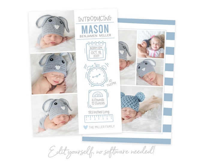 Birth Announcement Card - Baby Boy - Newborn Announcement Template - Boy Stats Announcement - Photo Birth Announcement - DIY Card - Corjl