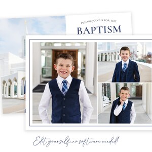 May include: A collage of photos of a young boy in a blue suit and vest, smiling, standing in front of a white building. The text "PLEASE JOIN US FOR THE BAPTISM" is at the top of the image.