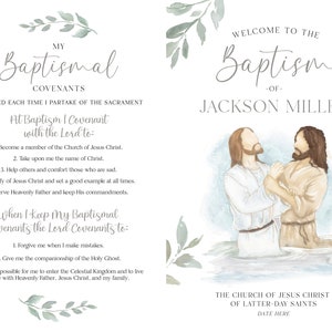 May include: A watercolour illustration of two men in white robes, one baptising the other in a body of water. The text reads "Welcome to the Baptism of Jackson Miller" and "The Church of Jesus Christ of Latter-day Saints".