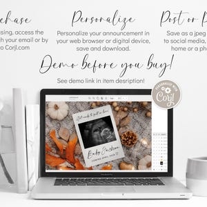 K&ouml;nnte beinhalten: Ein Laptop-Bildschirm zeigt eine digitale Ank&uuml;ndigung f&uuml;r eine Babyparty. Die Ank&uuml;ndigung zeigt ein Herbst-Design mit einem Ultraschallbild, K&uuml;rbissen und Bl&auml;ttern. Der Text auf der Ank&uuml;ndigung lautet "Mach dich bereit, dich zu verlieben!" und "Baby Jackson kommt im April 2023".