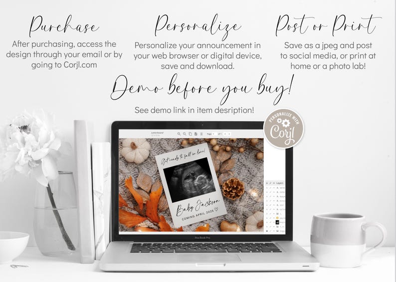 K&ouml;nnte beinhalten: Ein Laptop-Bildschirm zeigt eine digitale Ank&uuml;ndigung f&uuml;r eine Babyparty. Die Ank&uuml;ndigung zeigt ein Herbst-Design mit einem Ultraschallbild, K&uuml;rbissen und Bl&auml;ttern. Der Text auf der Ank&uuml;ndigung lautet "Mach dich bereit, dich zu verlieben!" und "Baby Jackson kommt im April 2023".